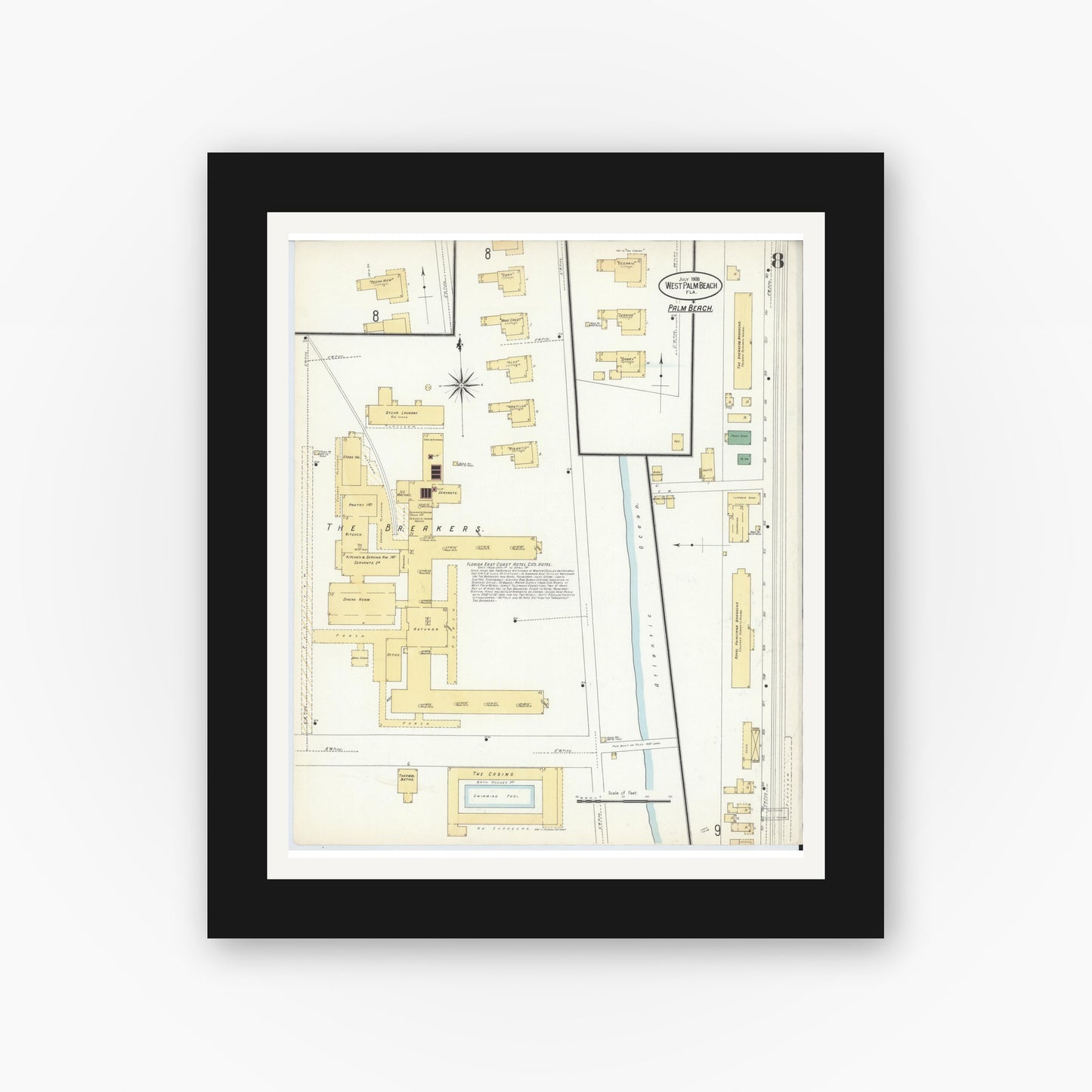 Old map wall art mockup — black gallery frame with white mat — Sanborn Fire Insurance Map from West Palm Beach, Dade County, Florida (1908), Sheet #0008