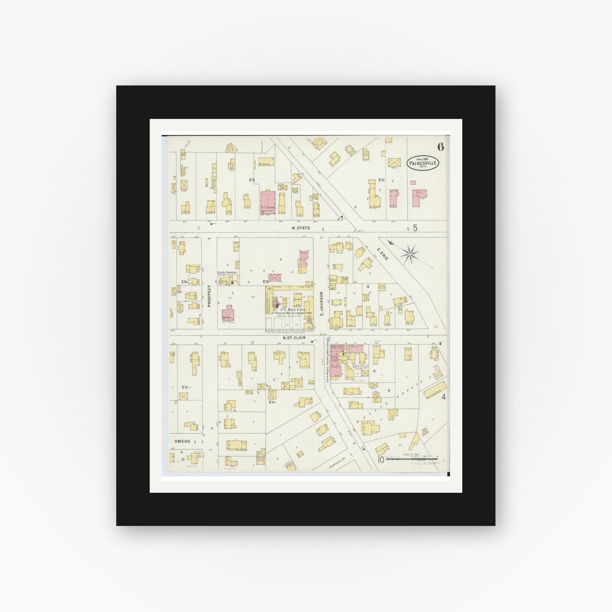 Old map wall art mockup — black gallery frame with white mat — Sanborn Fire Insurance Map from Painesville, Lake County, Ohio (1898), Sheet #0006