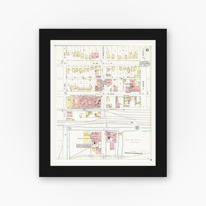 Old map wall art mockup — black gallery frame with white mat — Sanborn Fire Insurance Map from Ottumwa, Wapello County, Iowa (1897), Sheet #0006