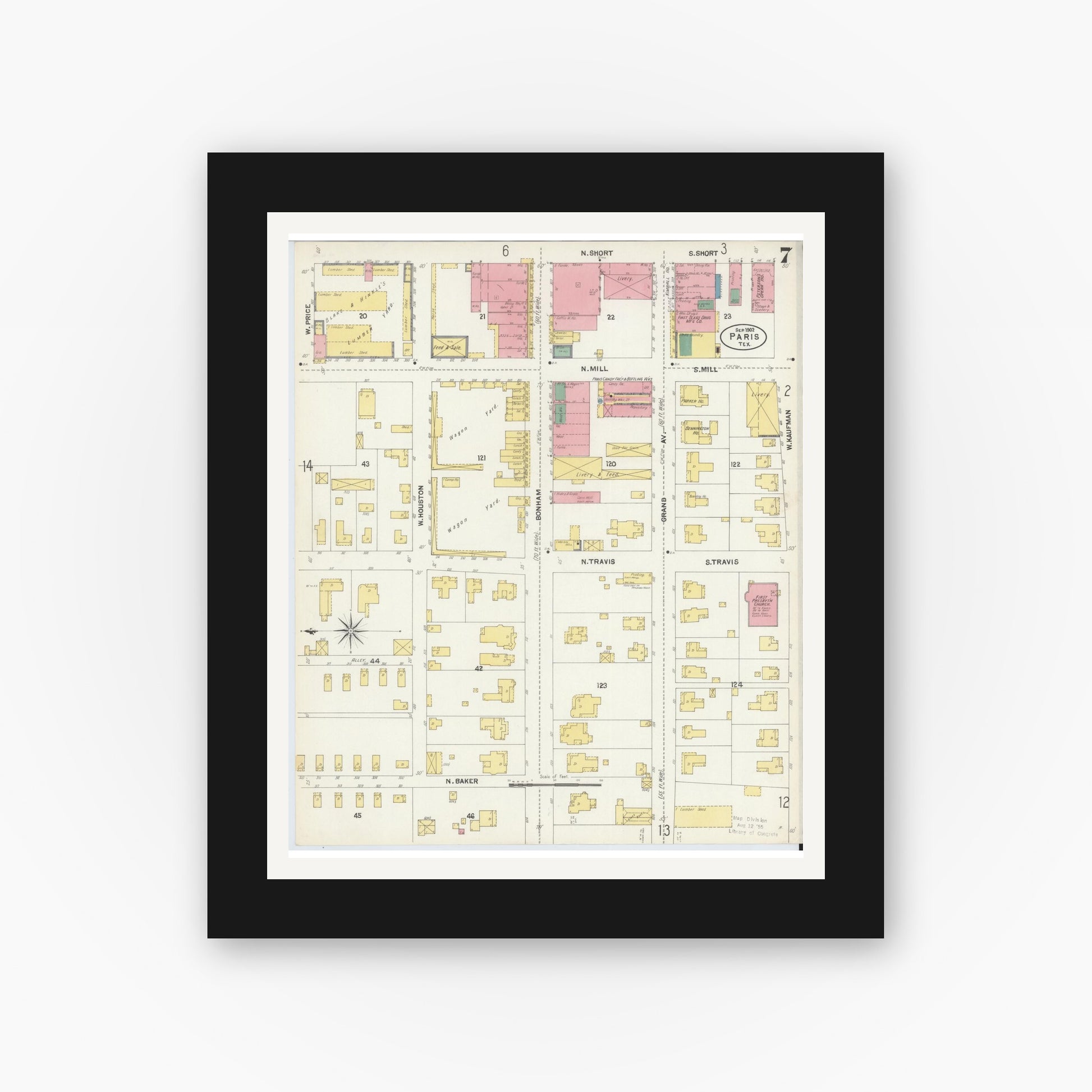 Old map wall art mockup — black gallery frame with white mat — Sanborn Fire Insurance Map from Paris, Lamar County, Texas (1902), Sheet #0007