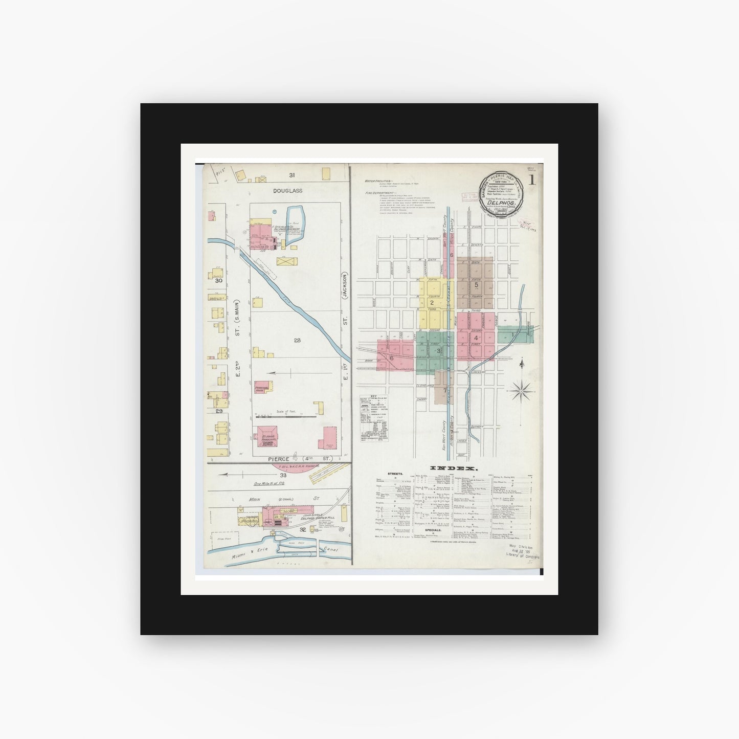 Old map wall art mockup — black gallery frame with white mat — Sanborn Fire Insurance Map from Delphos, Van Wert And Allen Counties, Ohio (1892), Sheet #0001