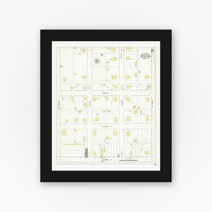 Old map wall art mockup — black gallery frame with white mat — Sanborn Fire Insurance Map from Rosebud, Falls County, Texas (1909), Sheet #0006