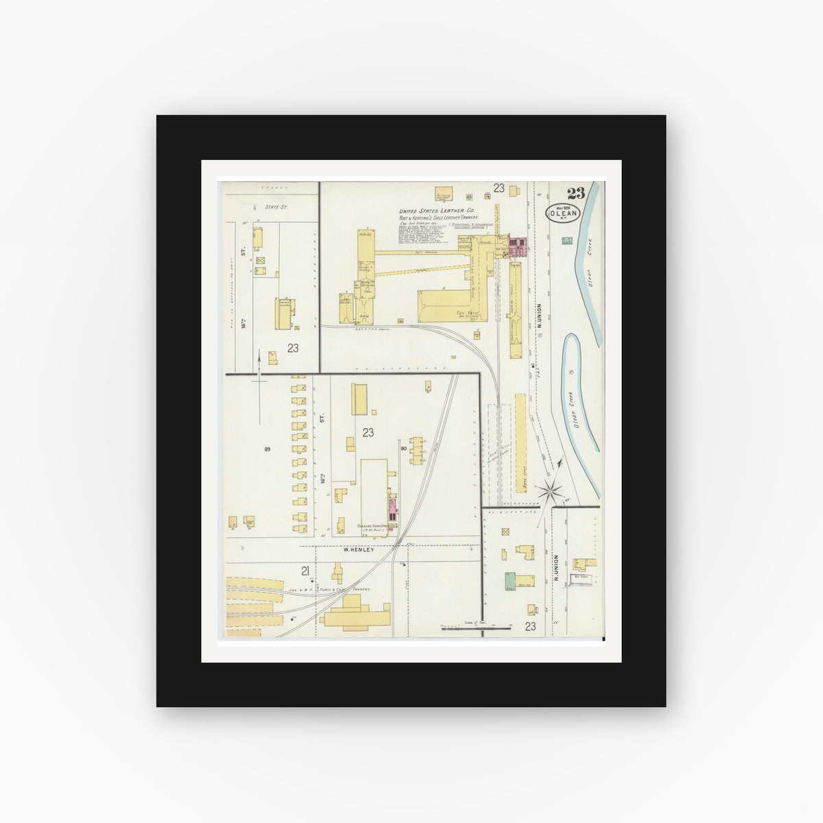 Old map wall art mockup — black gallery frame with white mat — Sanborn Fire Insurance Map from Olean, Cattaraugus County, New York (1898), Sheet #0023
