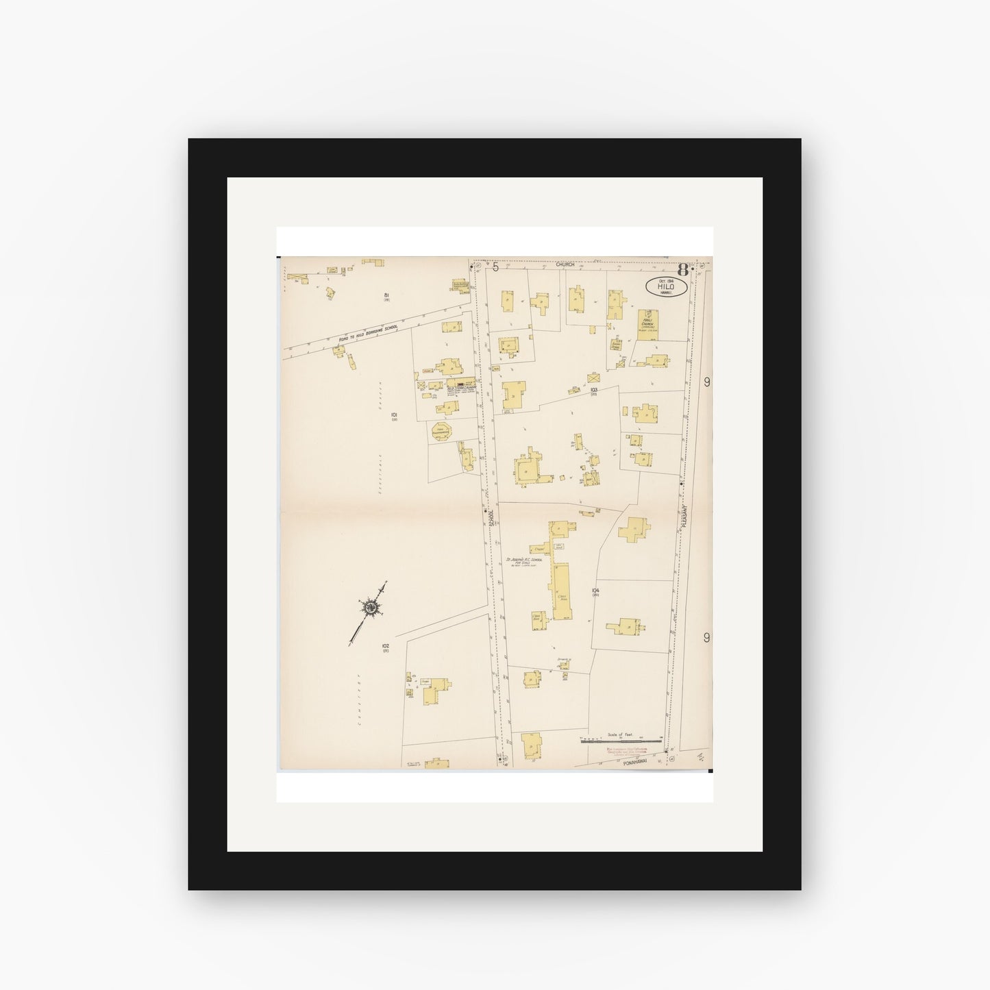 Old map wall art mockup — black gallery frame with white mat — Sanborn Fire Insurance Map from Hilo, Hawaii County, Hawaii (1914), Sheet #0008