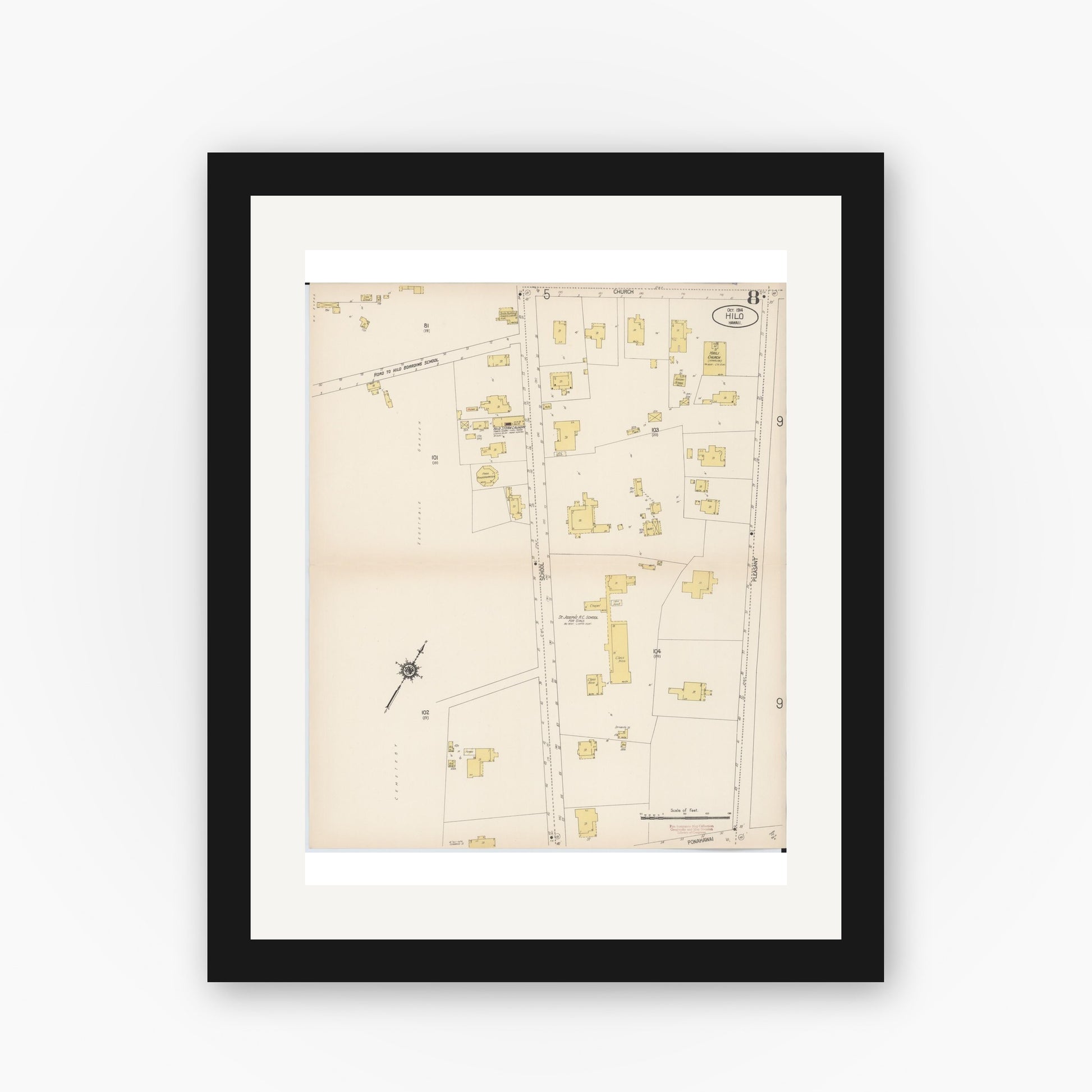 Old map wall art mockup — black gallery frame with white mat — Sanborn Fire Insurance Map from Hilo, Hawaii County, Hawaii (1914), Sheet #0008