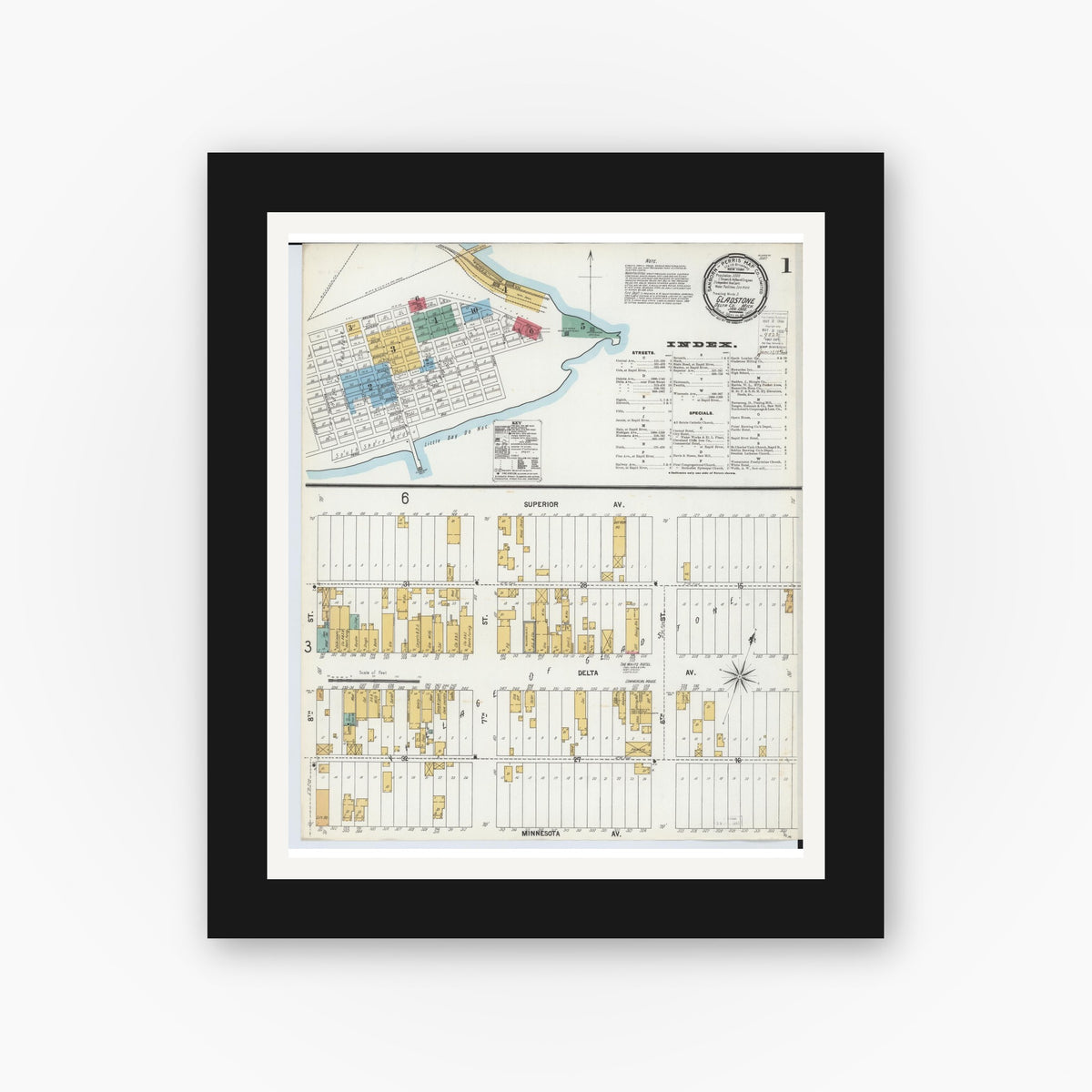 Old map wall art mockup — black gallery frame with white mat — Sanborn Fire Insurance Map from Gladstone, Delta County, Michigan (1900), Sheet #0001