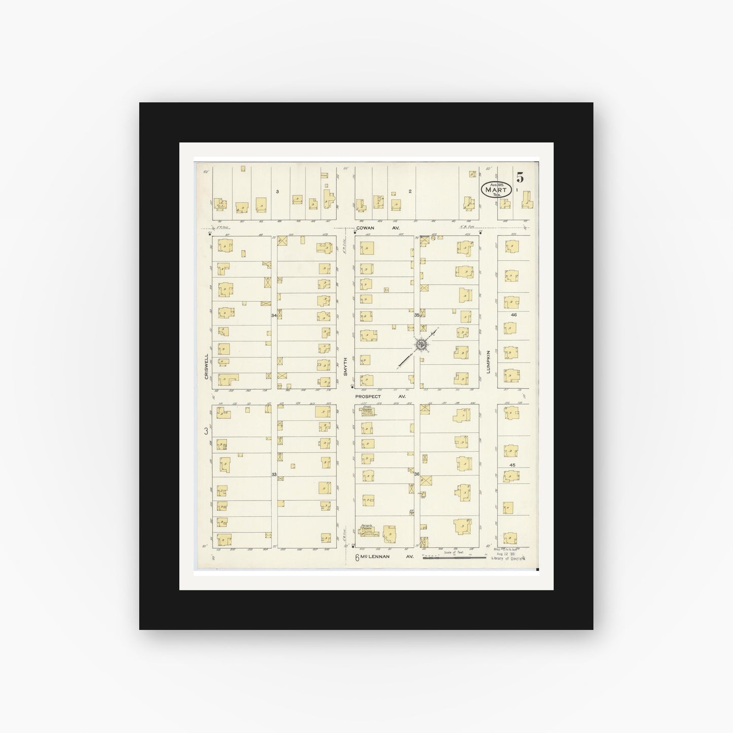 Old map wall art mockup — black gallery frame with white mat — Sanborn Fire Insurance Map from Mart, McLennan County, Texas (1915), Sheet #0005