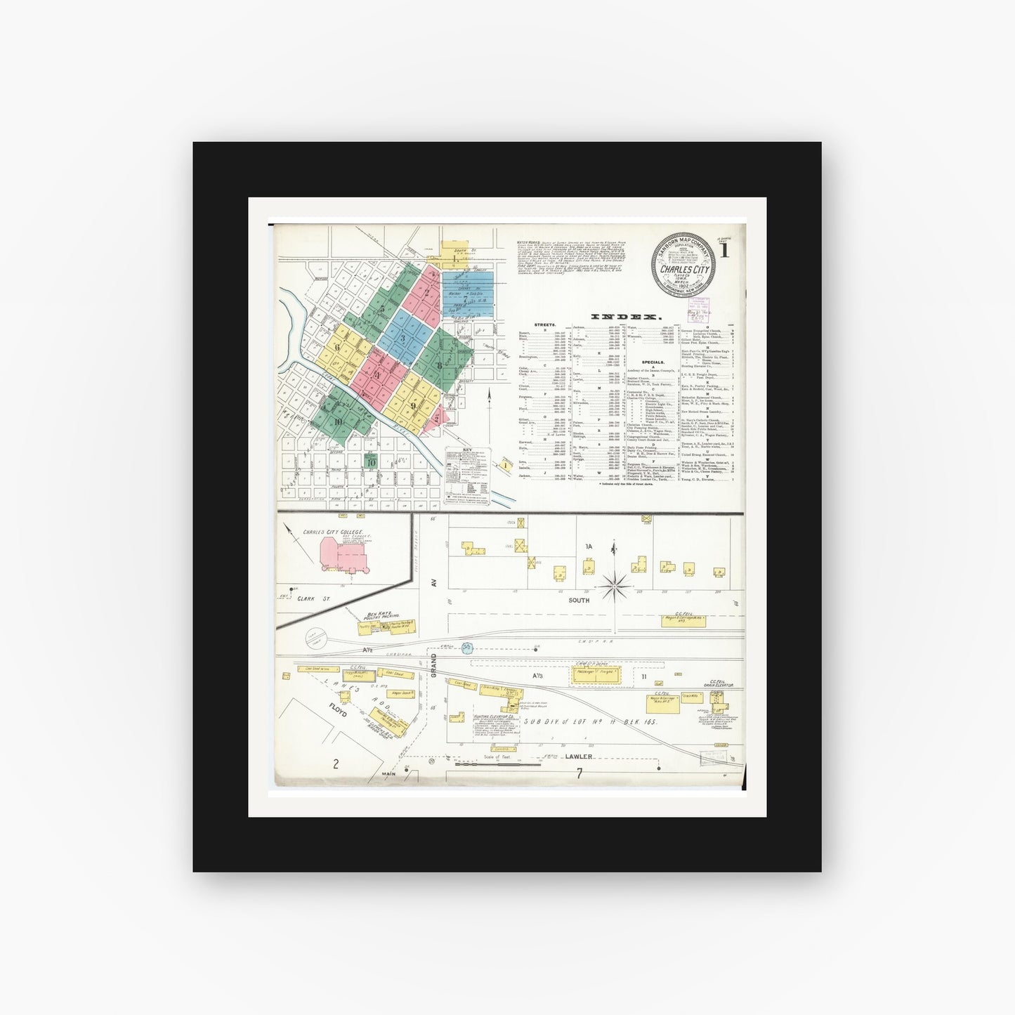 Old map wall art mockup — black gallery frame with white mat — Sanborn Fire Insurance Map from Charles City, Floyd County, Iowa (1902), Sheet #0001