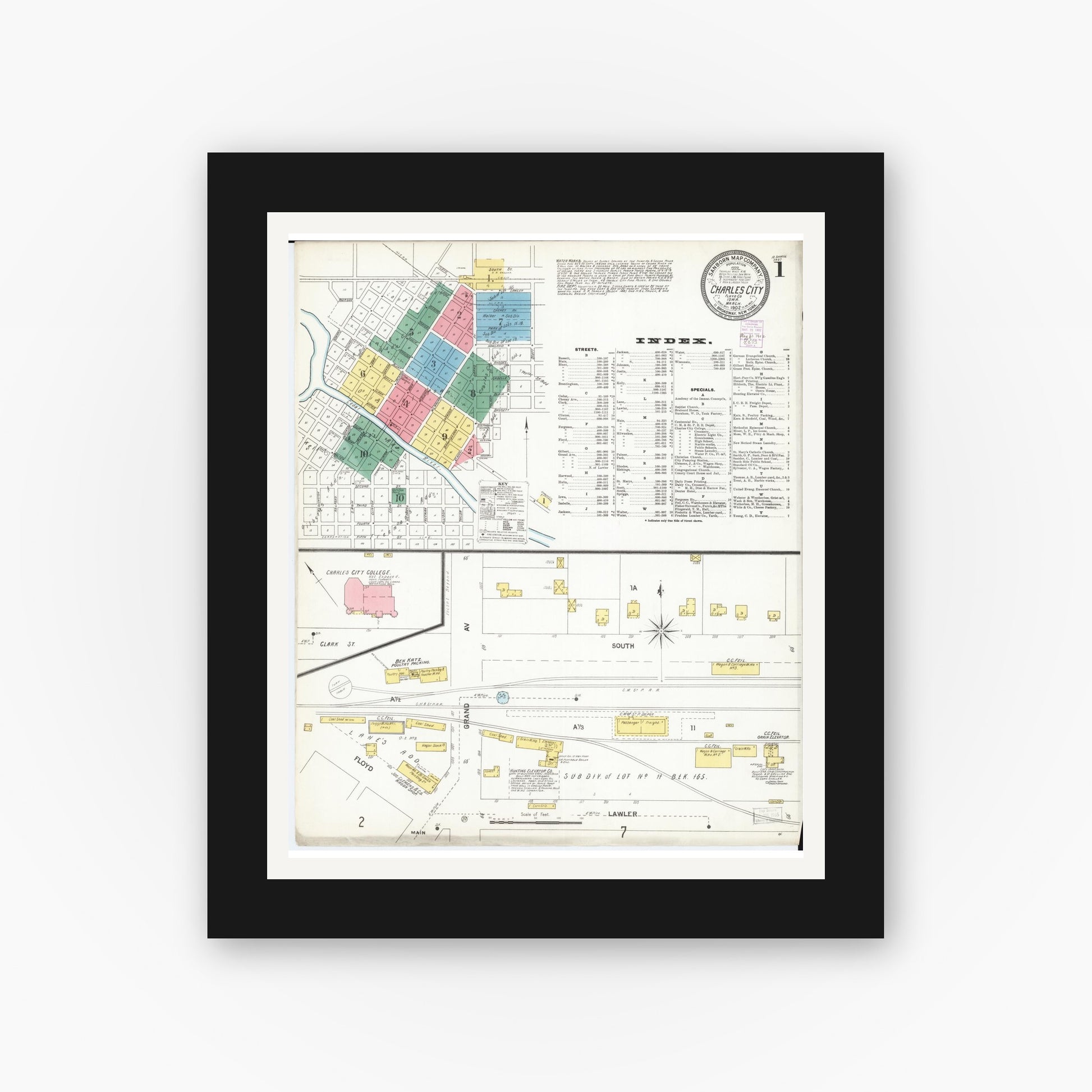 Old map wall art mockup — black gallery frame with white mat — Sanborn Fire Insurance Map from Charles City, Floyd County, Iowa (1902), Sheet #0001