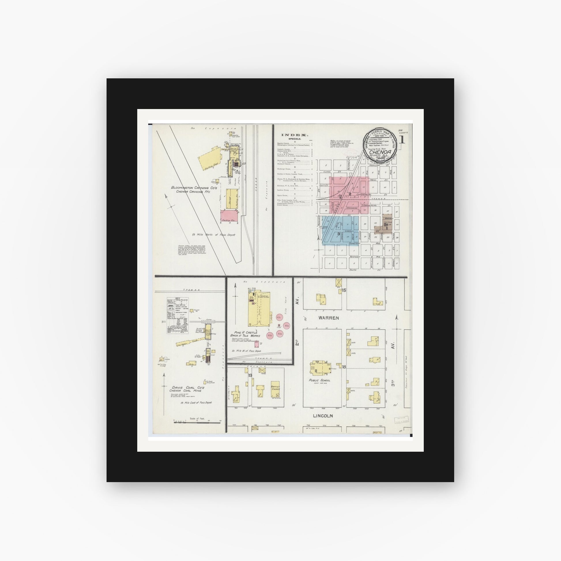 Old map wall art mockup — black gallery frame with white mat — Sanborn Fire Insurance Map from Chenoa, McLean County, Illinois (1892) - Complete Map Set