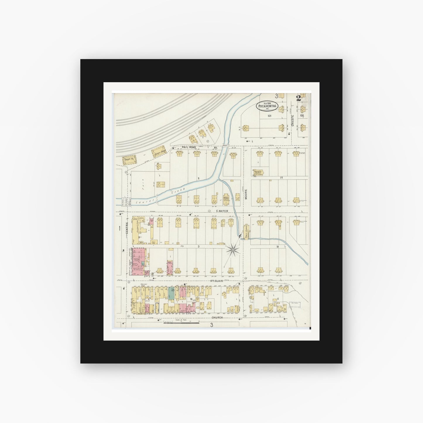 Old map wall art mockup — black gallery frame with white mat — Sanborn Fire Insurance Map from Pocahontas, Tazewell County, Virginia (1898), Sheet #0002