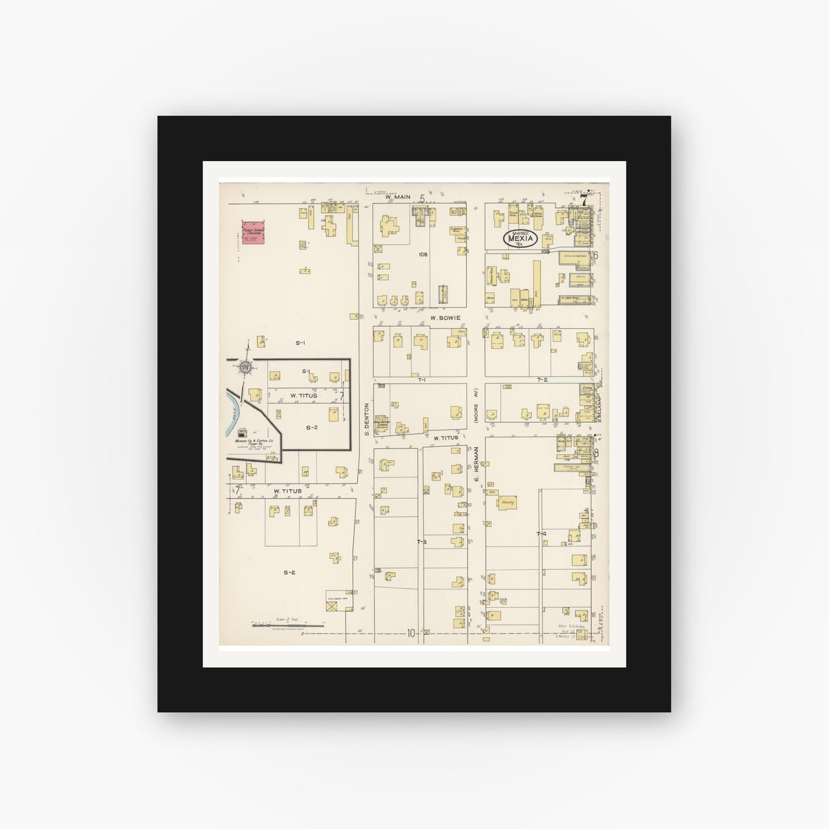 Old map wall art mockup — black gallery frame with white mat — Sanborn Fire Insurance Map from Mexia, Limestone County, Texas (1922), Sheet #0007