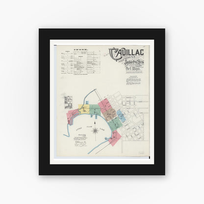 Old map wall art mockup — black gallery frame with white mat — Sanborn Fire Insurance Map from Cadillac, Wexford County, Michigan (1890), Sheet #0001