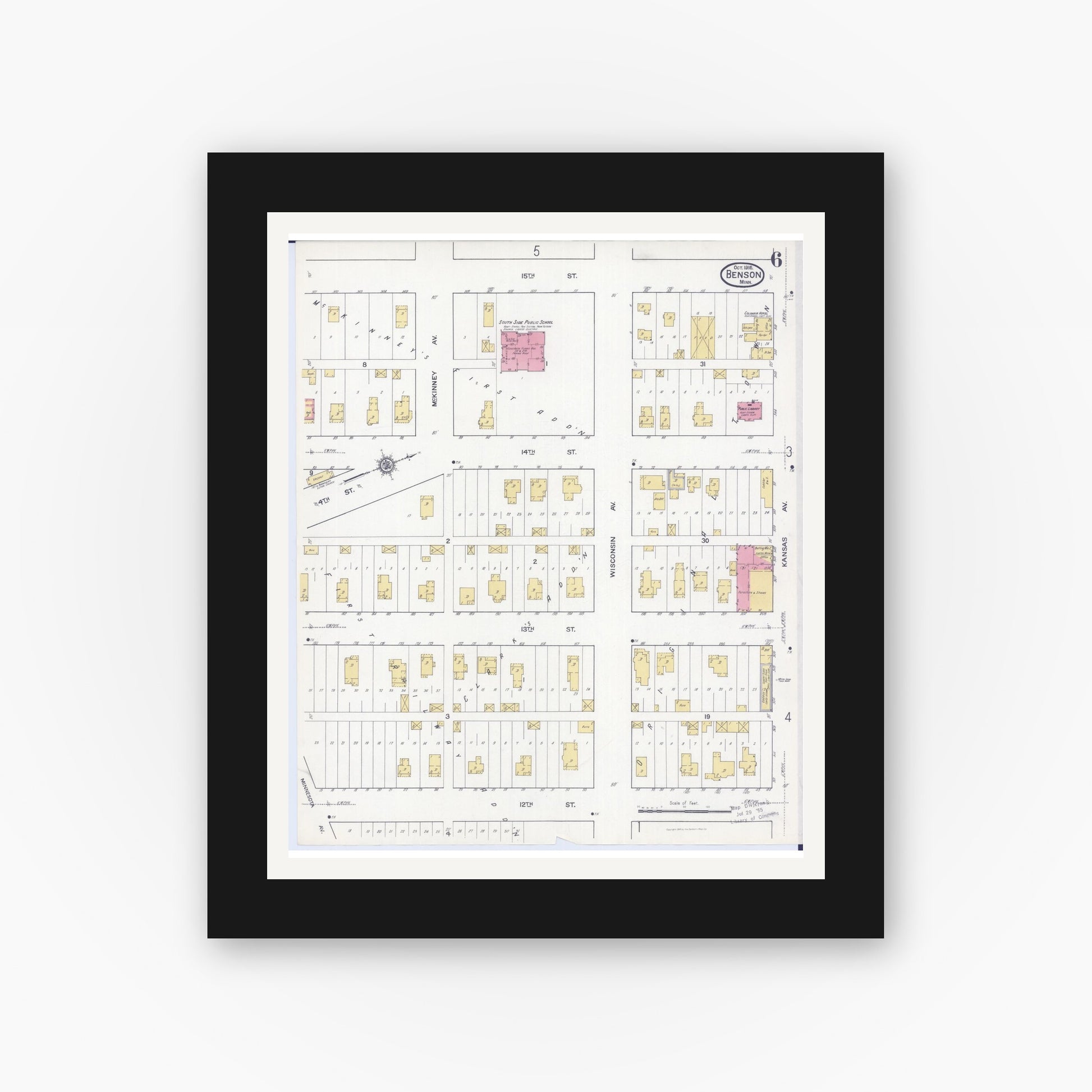 Old map wall art mockup — black gallery frame with white mat — Sanborn Fire Insurance Map from Benson, Swift County, Minnesota (1916), Sheet #0006