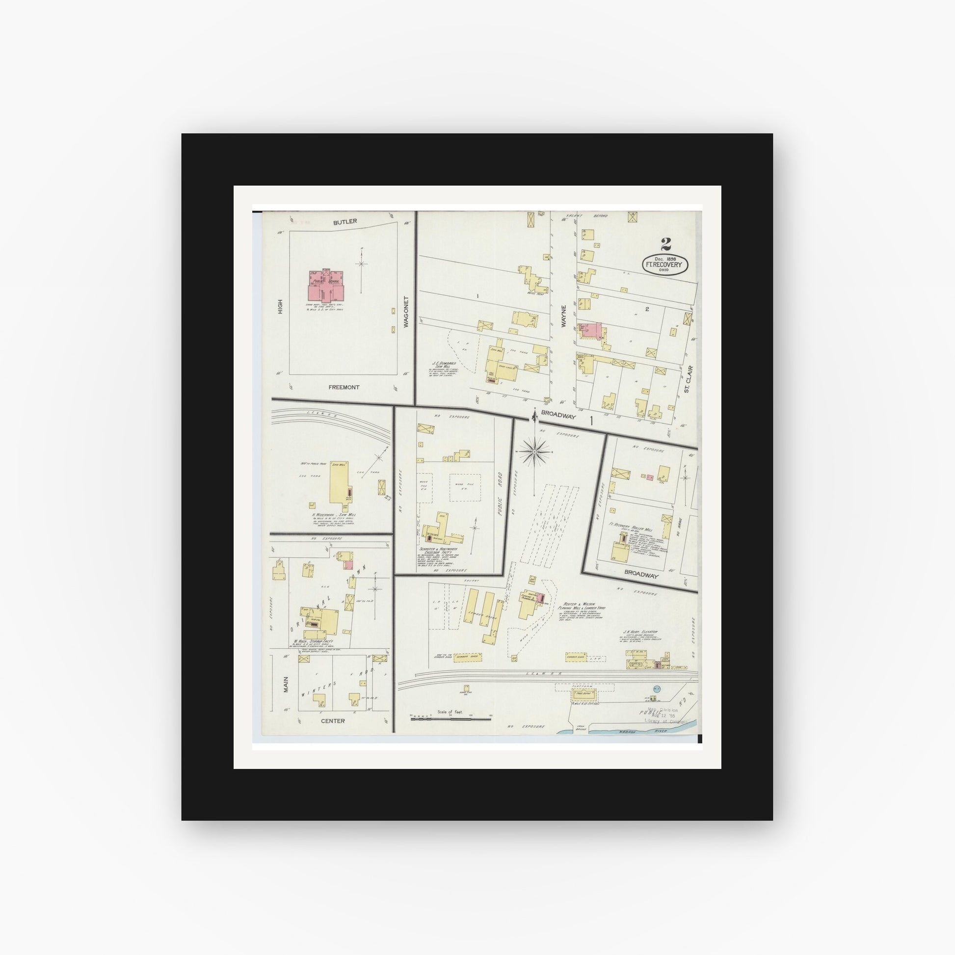 Old map wall art mockup — black gallery frame with white mat — Sanborn Fire Insurance Map from Fort Recovery, Mercer County, Ohio (1898), Sheet #0002