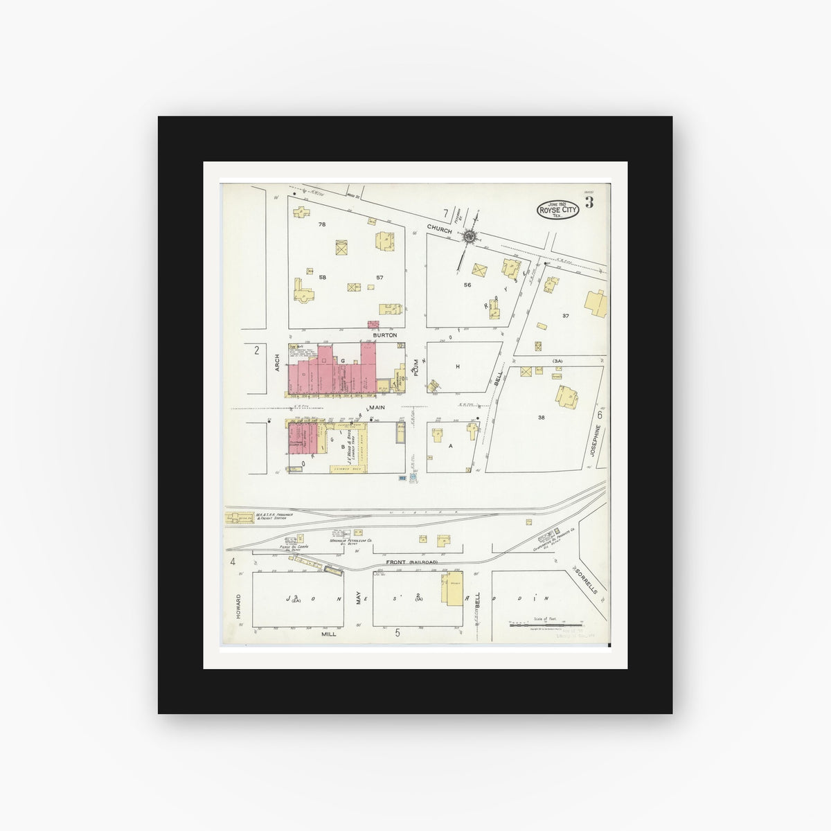Old map wall art mockup — black gallery frame with white mat — Sanborn Fire Insurance Map from Royse City, Rockwell County, Texas (1921), Sheet #0003