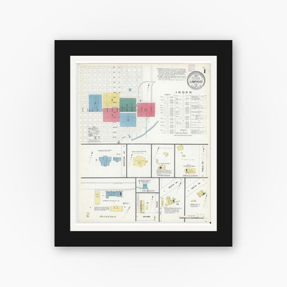 Old map wall art mockup — black gallery frame with white mat — Sanborn Fire Insurance Map from Lampasas, Lampasas County, Texas (1907), Sheet #0001