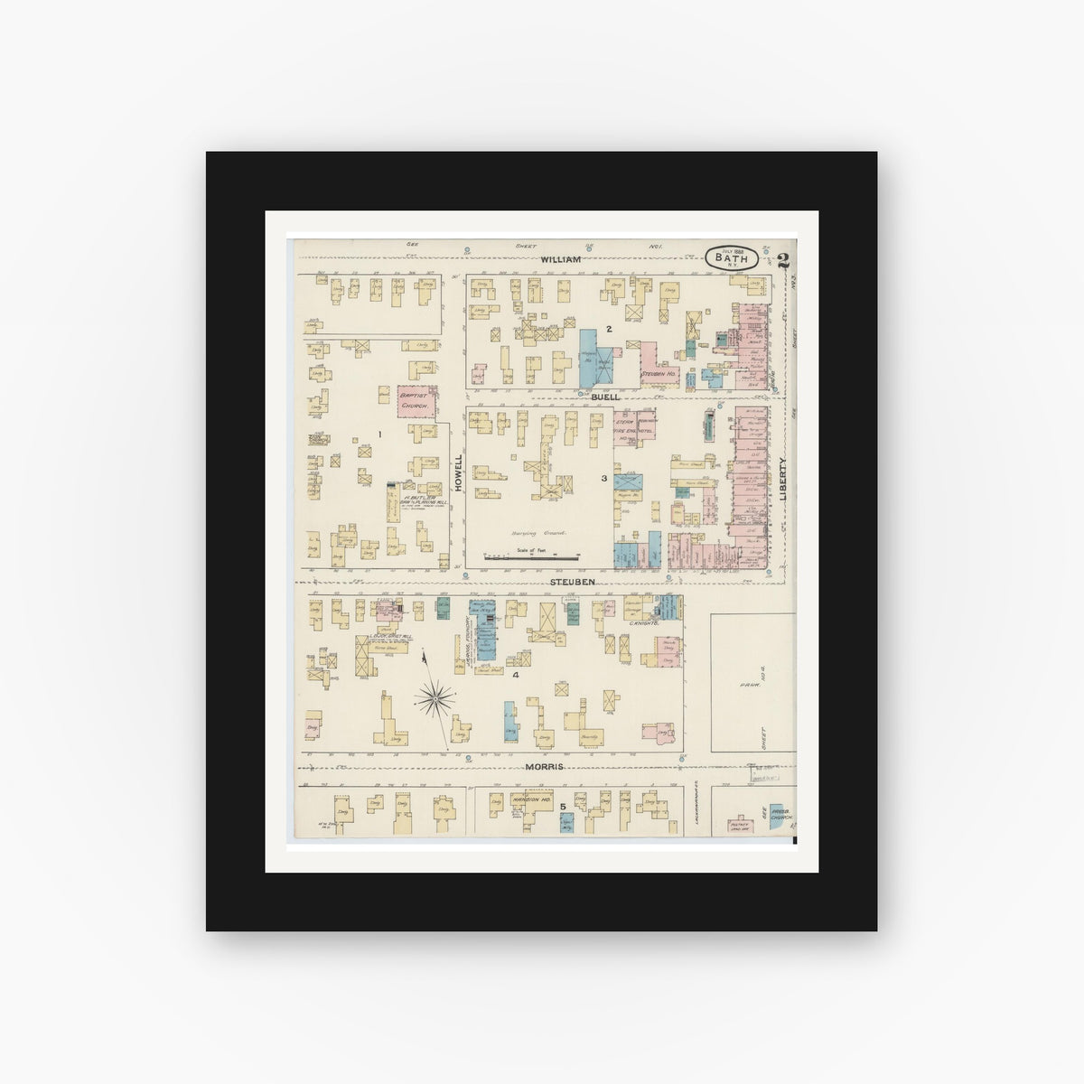 Old map wall art mockup — black gallery frame with white mat — Sanborn Fire Insurance Map from Bath, Steuben County, New York (1888), Sheet #0002
