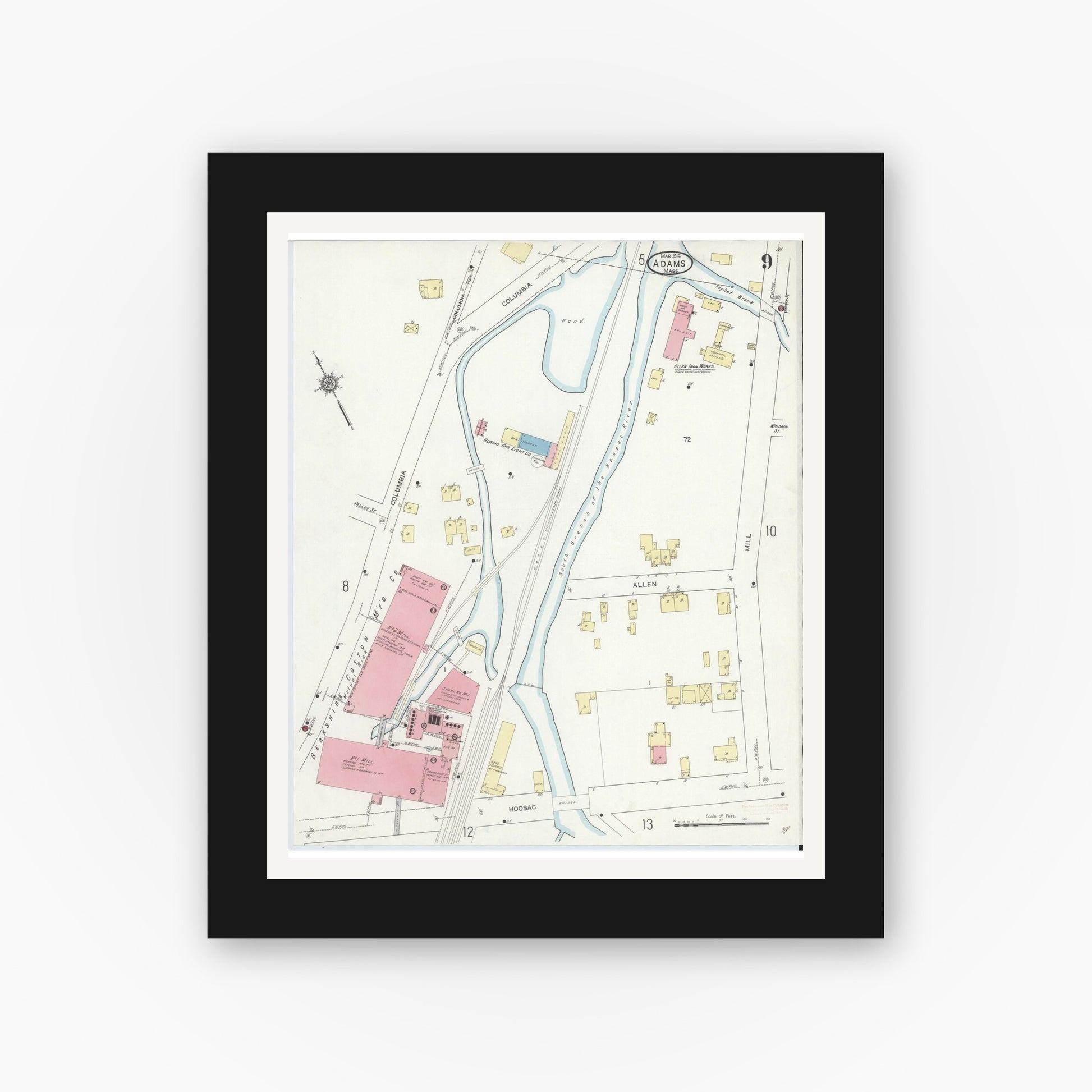 Old map wall art mockup — black gallery frame with white mat — Sanborn Fire Insurance Map from Adams, Berkshire County, Massachusetts (1914), Sheet #0009