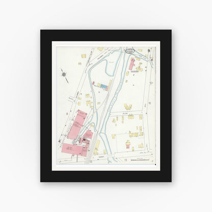 Old map wall art mockup — black gallery frame with white mat — Sanborn Fire Insurance Map from Adams, Berkshire County, Massachusetts (1914), Sheet #0009