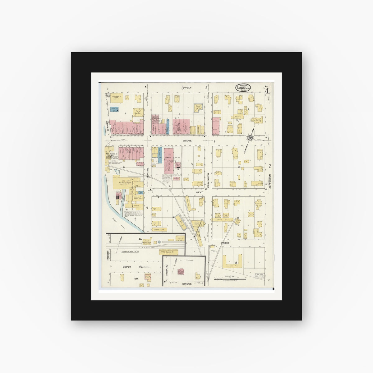 Old map wall art mockup — black gallery frame with white mat — Sanborn Fire Insurance Map from Lowell, Kent County, Michigan (1918), Sheet #0004