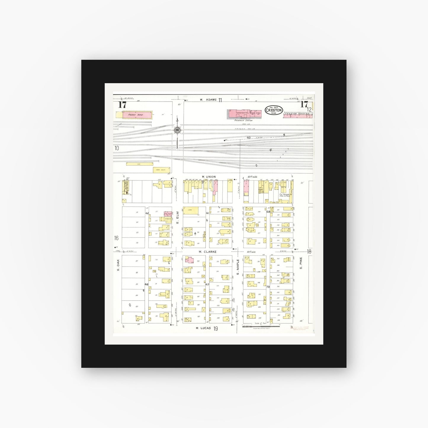 Old map wall art mockup — black gallery frame with white mat — Sanborn Fire Insurance Map from Creston, Union County, Iowa (1923), Sheet #0017