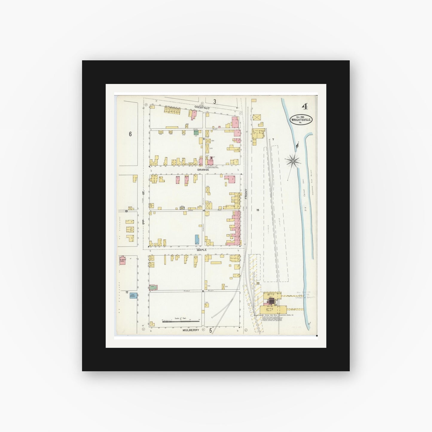 Old map wall art mockup — black gallery frame with white mat — Sanborn Fire Insurance Map from Wrightsville, York County, Pennsylvania (1904), Sheet #0004