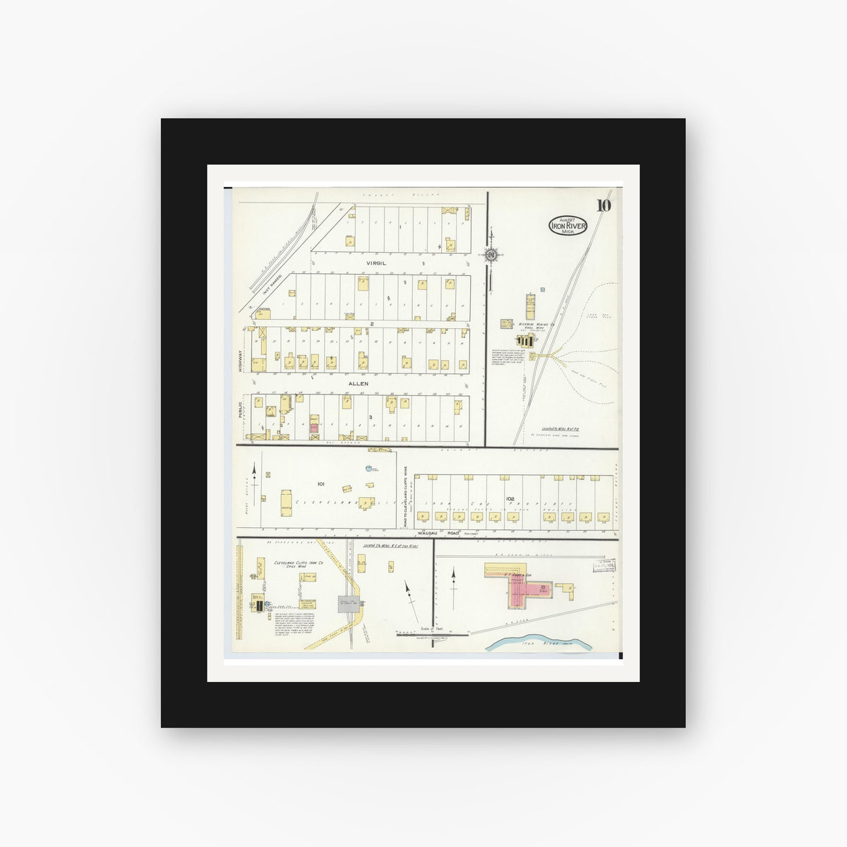 Old map wall art mockup — black gallery frame with white mat — Sanborn Fire Insurance Map from Iron River, Iron County, Michigan (1917), Sheet #0010