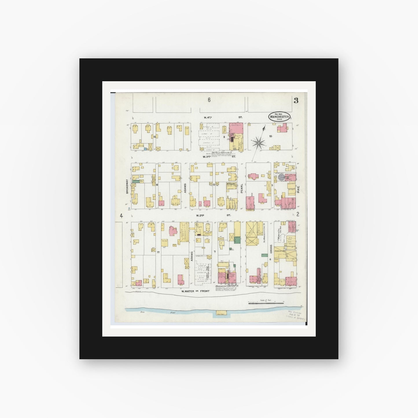 Old map wall art mockup — black gallery frame with white mat — Sanborn Fire Insurance Map from Manchester, Adams County, Ohio (1904), Sheet #0003