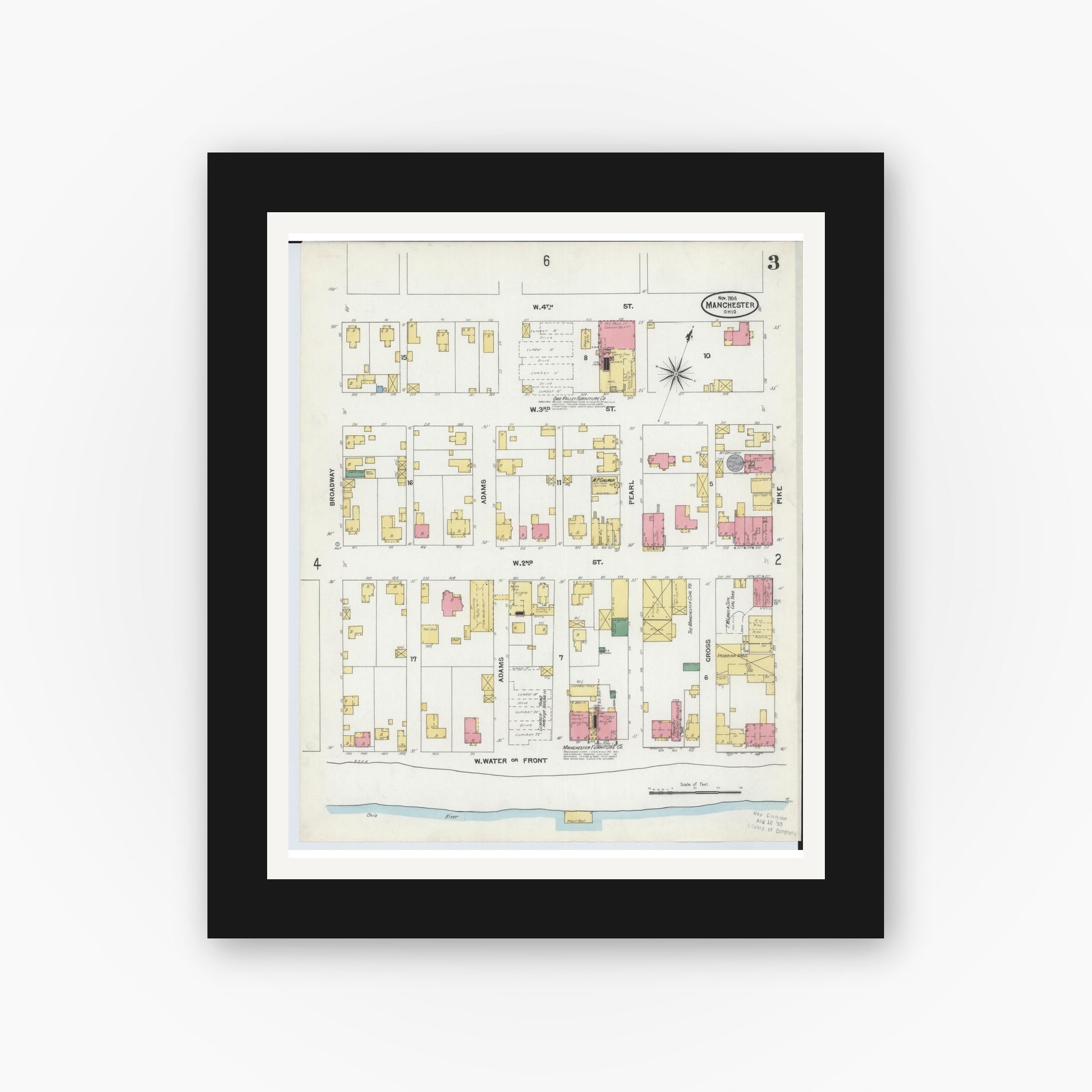 Old map wall art mockup — black gallery frame with white mat — Sanborn Fire Insurance Map from Manchester, Adams County, Ohio (1904), Sheet #0003