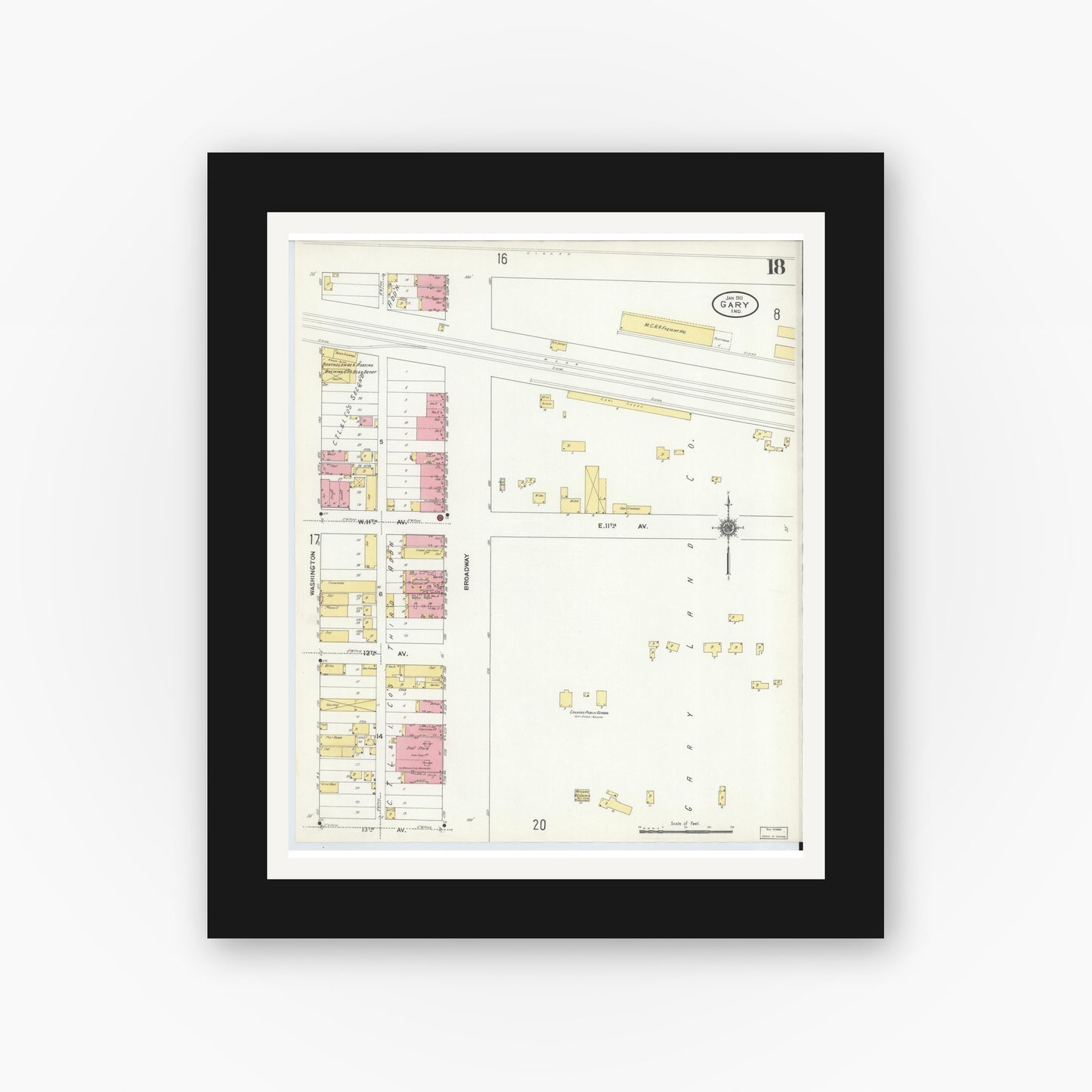 Old map wall art mockup — black gallery frame with white mat — Sanborn Fire Insurance Map from Gary, Lake County, Indiana (1911), Sheet #0018