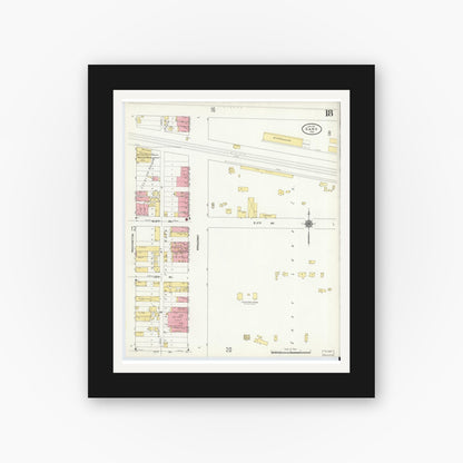 Old map wall art mockup — black gallery frame with white mat — Sanborn Fire Insurance Map from Gary, Lake County, Indiana (1911), Sheet #0018