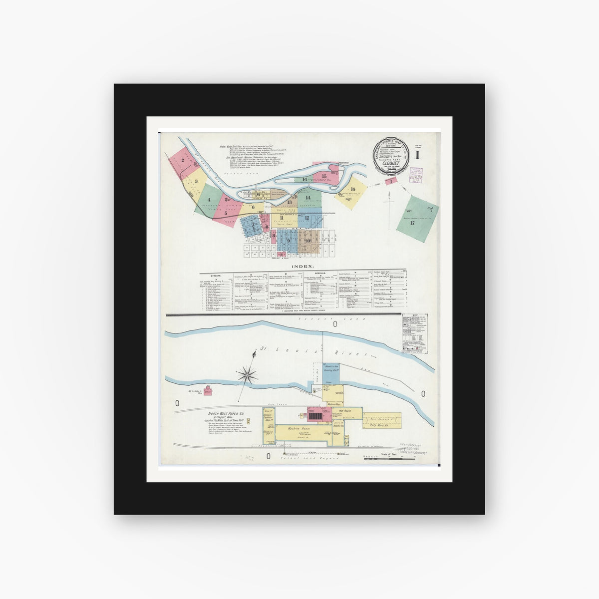 Old map wall art mockup — black gallery frame with white mat — Sanborn Fire Insurance Map from Cloquet, Carlton County, Minnesota (1901) - Complete Map Set