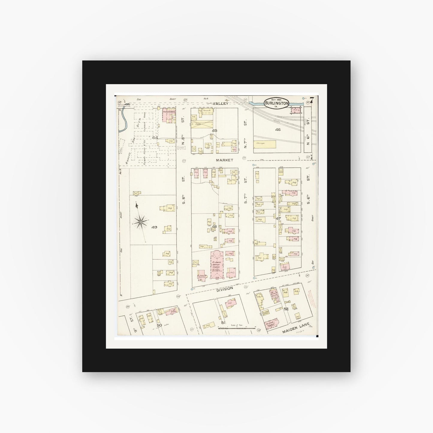 Old map wall art mockup — black gallery frame with white mat — Sanborn Fire Insurance Map from Burlington, Des Moines County, Iowa (1888), Sheet #0007