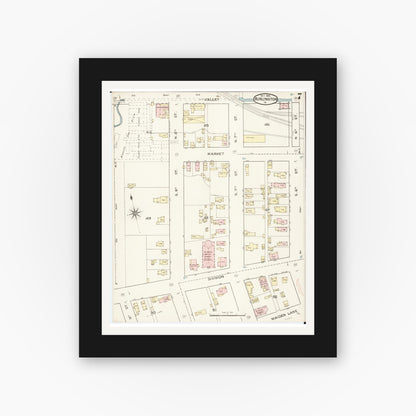 Old map wall art mockup — black gallery frame with white mat — Sanborn Fire Insurance Map from Burlington, Des Moines County, Iowa (1888), Sheet #0007