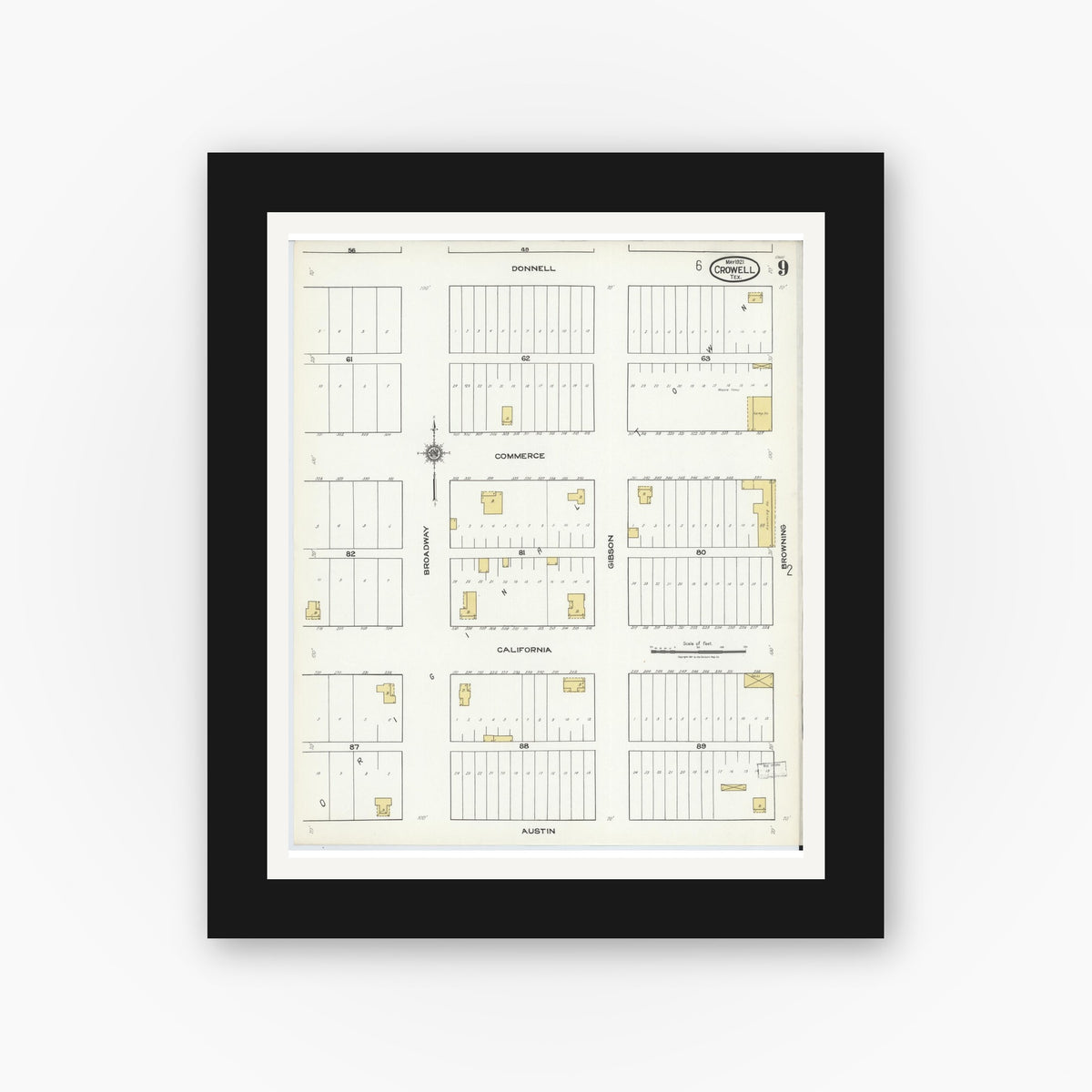 Old map wall art mockup — black gallery frame with white mat — Sanborn Fire Insurance Map from Crowell, Foard County, Texas (1921), Sheet #0009