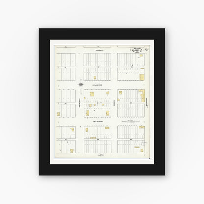 Old map wall art mockup — black gallery frame with white mat — Sanborn Fire Insurance Map from Crowell, Foard County, Texas (1921), Sheet #0009