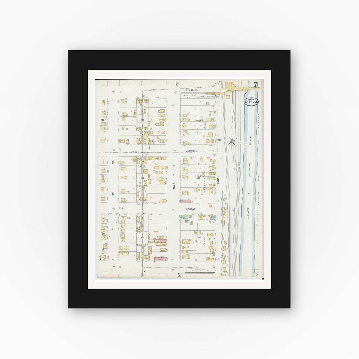 Old map wall art mockup — black gallery frame with white mat — Sanborn Fire Insurance Map from La Salle, La Salle County, Illinois (1898), Sheet #0007