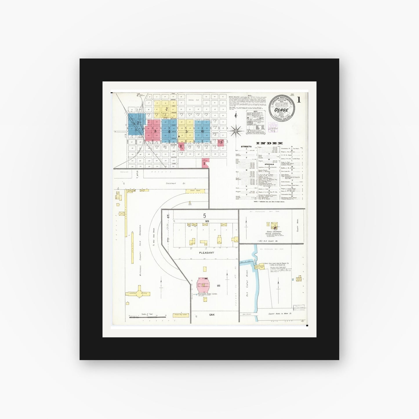 Old map wall art mockup — black gallery frame with white mat — Sanborn Fire Insurance Map from Osage, Mitchell County, Iowa (1905) â€” Complete Set