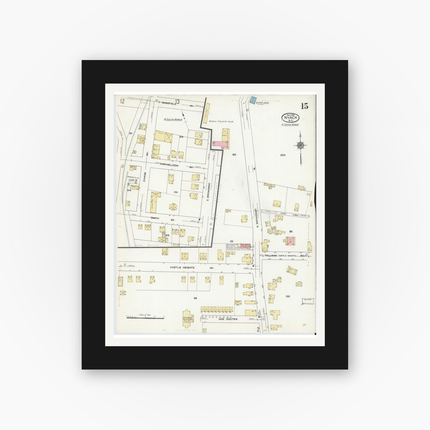 Old map wall art mockup — black gallery frame with white mat — Sanborn Fire Insurance Map from Nyack, Rockland County, New York. (1910), Sheet #0015