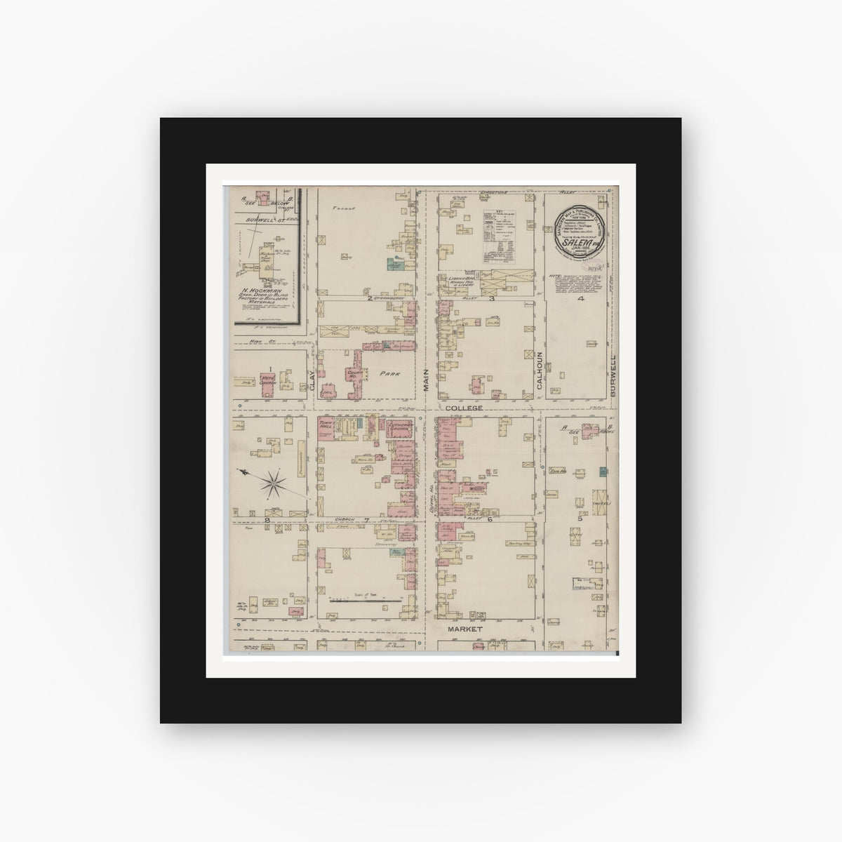 Old map wall art mockup — black gallery frame with white mat — Sanborn Fire Insurance Map from Salem, Independent Cities, Virginia (1886), Sheet #0001