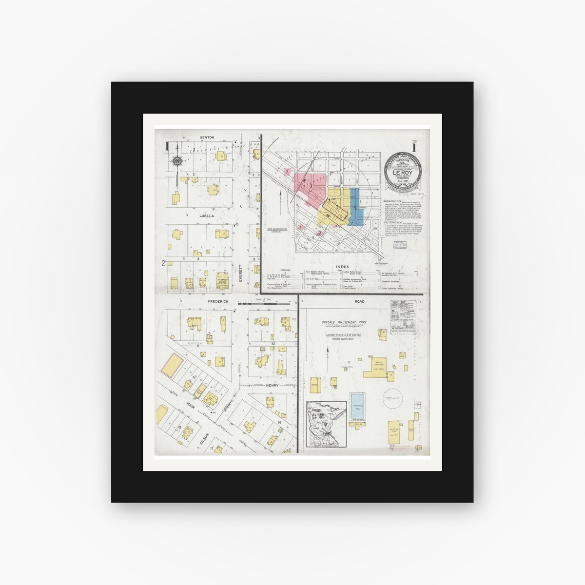 Old map wall art mockup — black gallery frame with white mat — Sanborn Fire Insurance Map from Le Roy, Mower County, Minnesota (1927), Sheet #0001