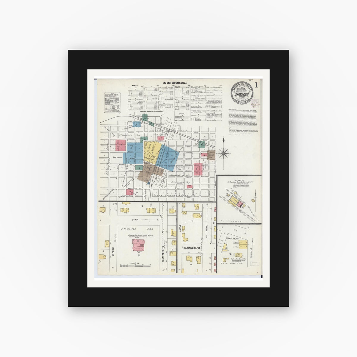 Old map wall art mockup — black gallery frame with white mat — Sanborn Fire Insurance Map from Champaign, Champaign County, Illinois (1902) - Complete Map Set