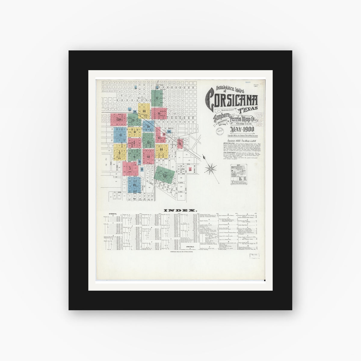 Old map wall art mockup — black gallery frame with white mat — Sanborn Fire Insurance Map from Corsicana, Navarro County, Texas (1900) - Complete Map Set