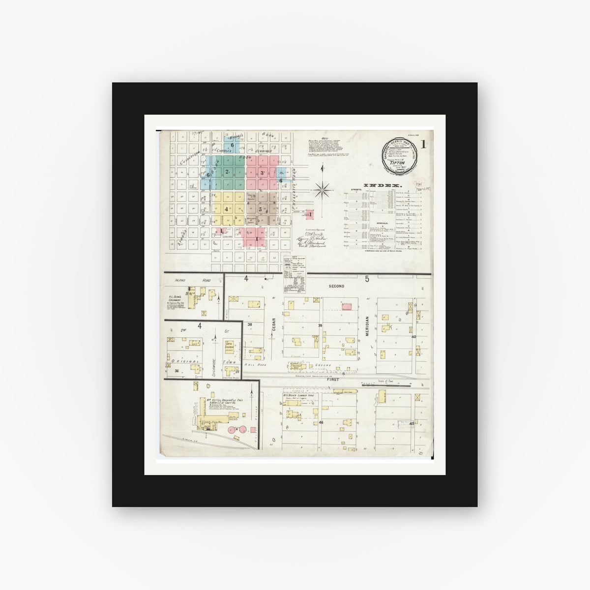 Old map wall art mockup — black gallery frame with white mat — Sanborn Fire Insurance Map from Tipton, Cedar County, Iowa (1897) â€” Complete Set