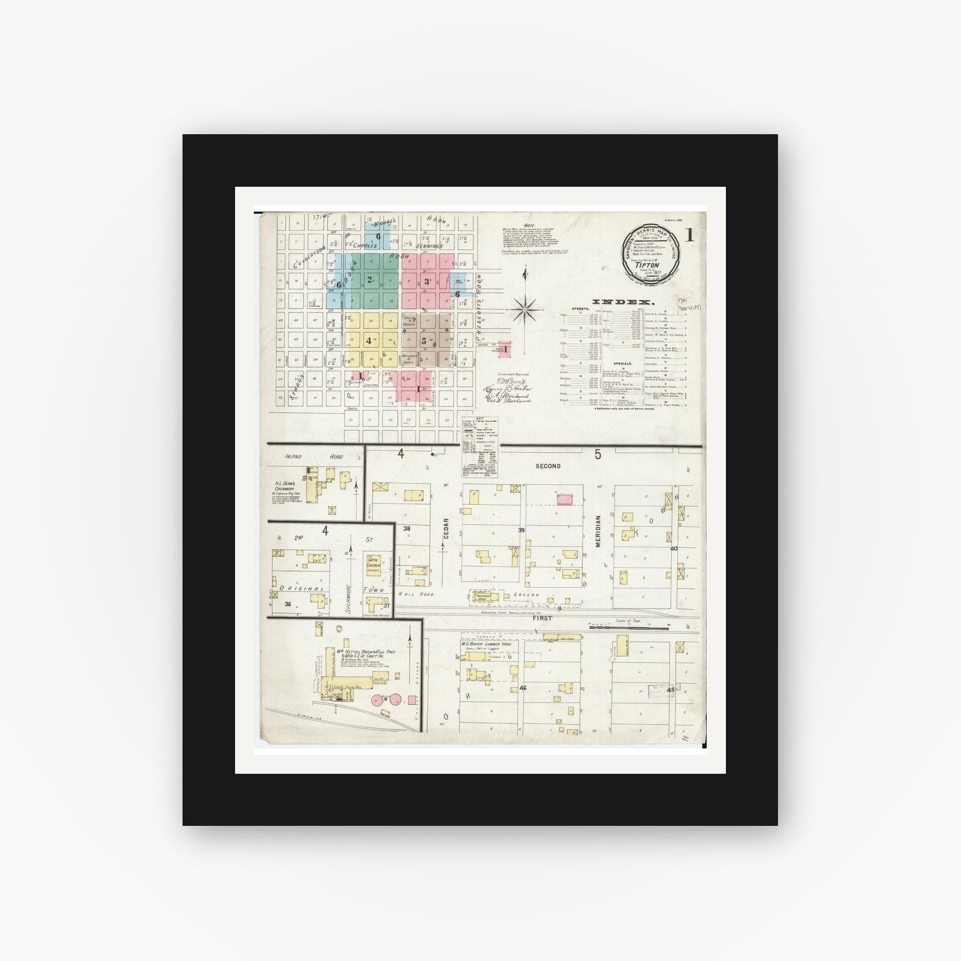 Old map wall art mockup — black gallery frame with white mat — Sanborn Fire Insurance Map from Tipton, Cedar County, Iowa (1897) â€” Complete Set