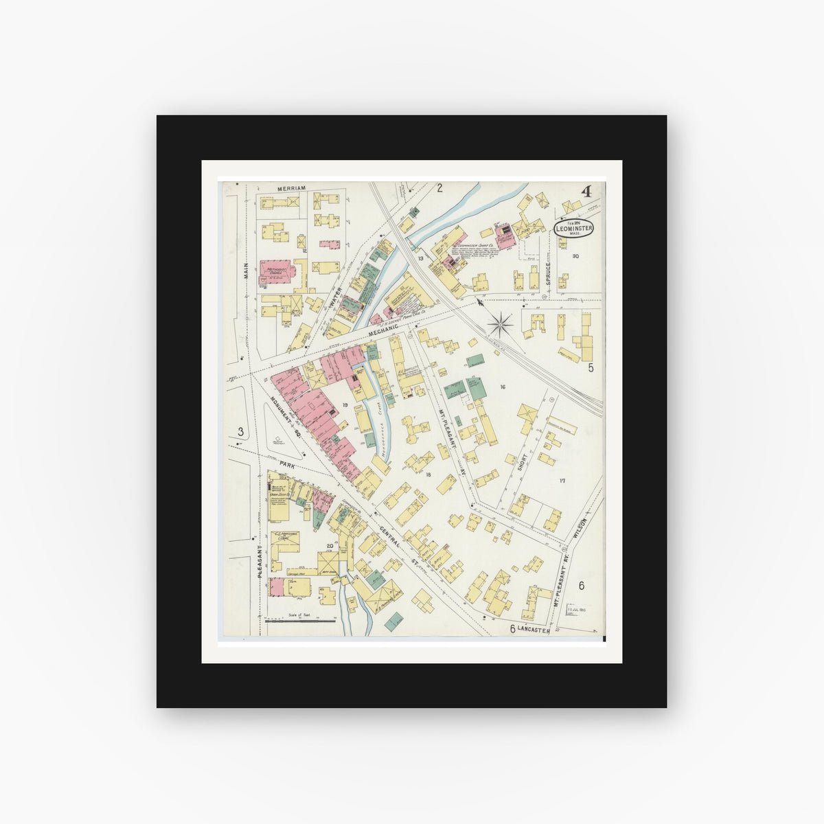 Old map wall art mockup — black gallery frame with white mat — Sanborn Fire Insurance Map from Leominster, Worcester County, Massachusetts (1896), Sheet #0004