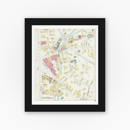 Old map wall art mockup — black gallery frame with white mat — Sanborn Fire Insurance Map from Leominster, Worcester County, Massachusetts (1896), Sheet #0004
