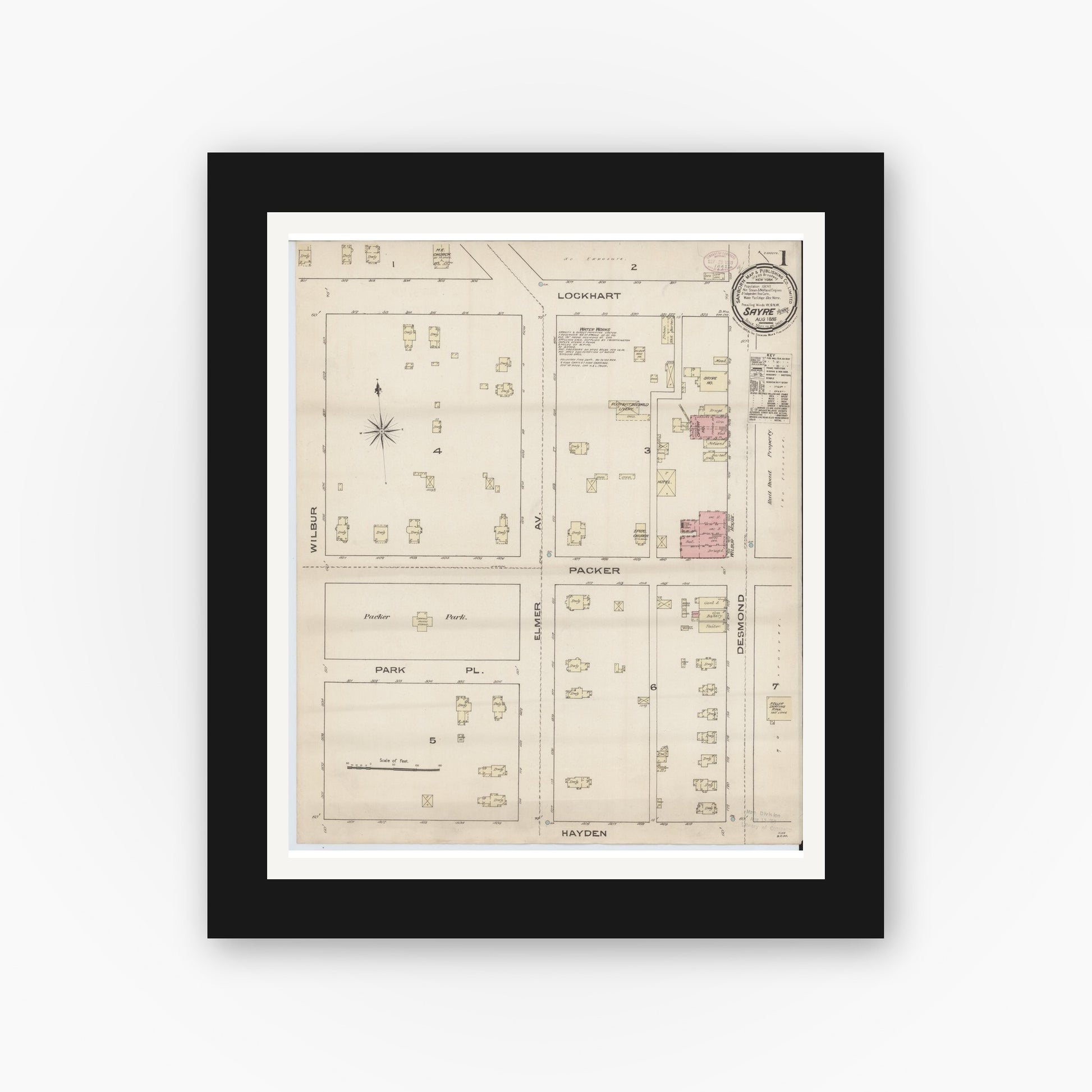 Old map wall art mockup — black gallery frame with white mat — Sanborn Fire Insurance Map from Sayre, Bradford County, Pennsylvania (1885) - Complete Map Set