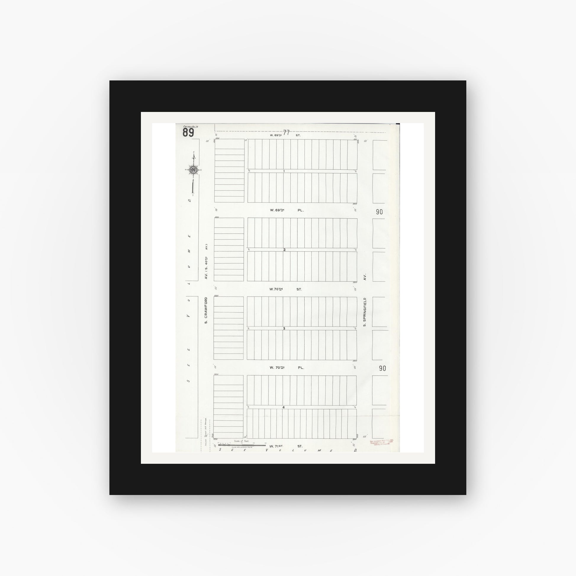 Old map wall art mockup — black gallery frame with white mat — Sanborn Fire Insurance Map from Chicago, Cook County, Illinois (1920), Sheet #0089